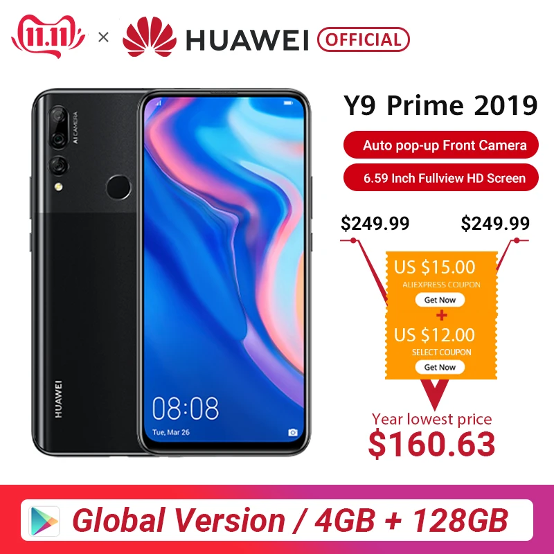

Global Version Huawei Y9 Prime 2019 4GB 128GB Smartphone AI Triple Rear Cameras Auto Pop Up Front Camera 6.59“ cellphone
