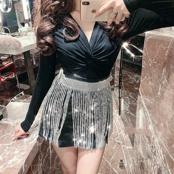 

WOMENGAGA 2020Women's Skirt Spring New Design Sense Heavy Duty Diamond Metal Tassel Solid Color High Waist Skirt 19F-a258