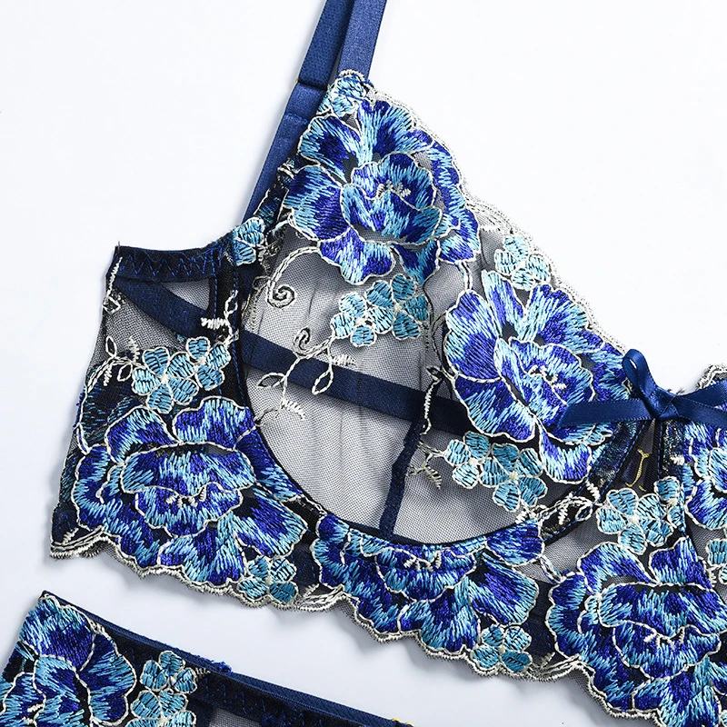 cheap bra and panty sets Ellolace Floral Lingerie Underwear 3 Piece Set Sexy Transparent Short Skin Care Kits Lace Underwire Bra and Thongs Brief Sets bra and knicker sets