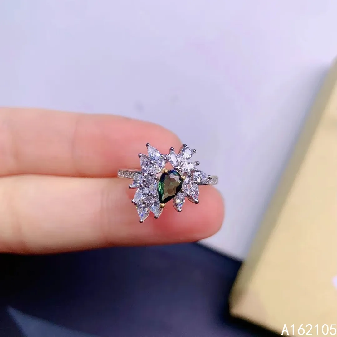 925 pure silver Chinese style natural green tourmaline women's exquisite trendy water drop adjustable gem ring fine jewelry dete