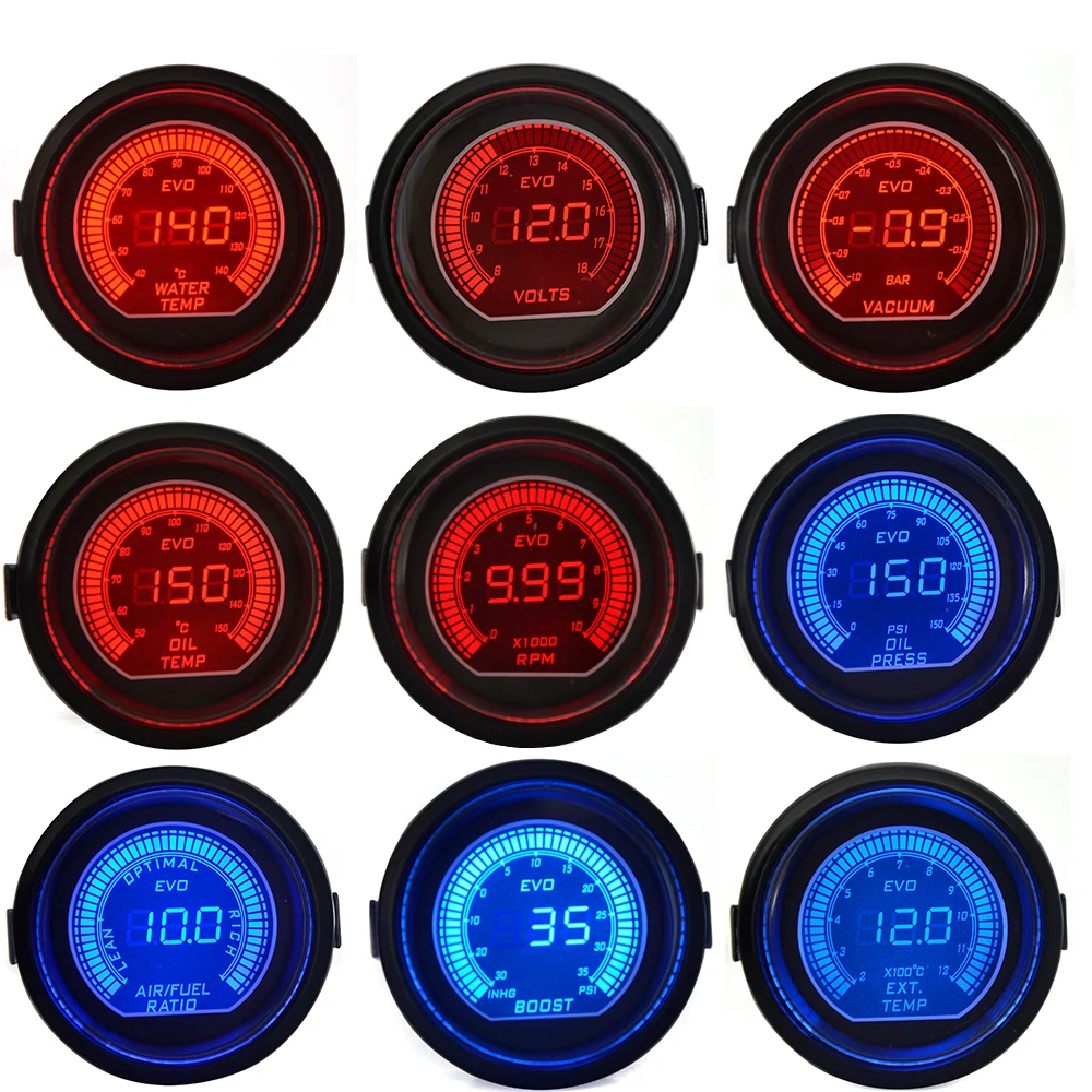 2 52mm 자동차 부스트/수온/오일 온도/오일 프레스/볼트/타코미터/진공/공기 연료 비율/EGT 게이지 레드 & 블루 듀얼 L..