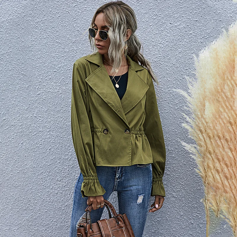 

Fashoin High Waist Flare Sleeve Short Jacket Women 2020 New Autumn Winter Streetwear Two Buttons Female Jacket Coat Army Green