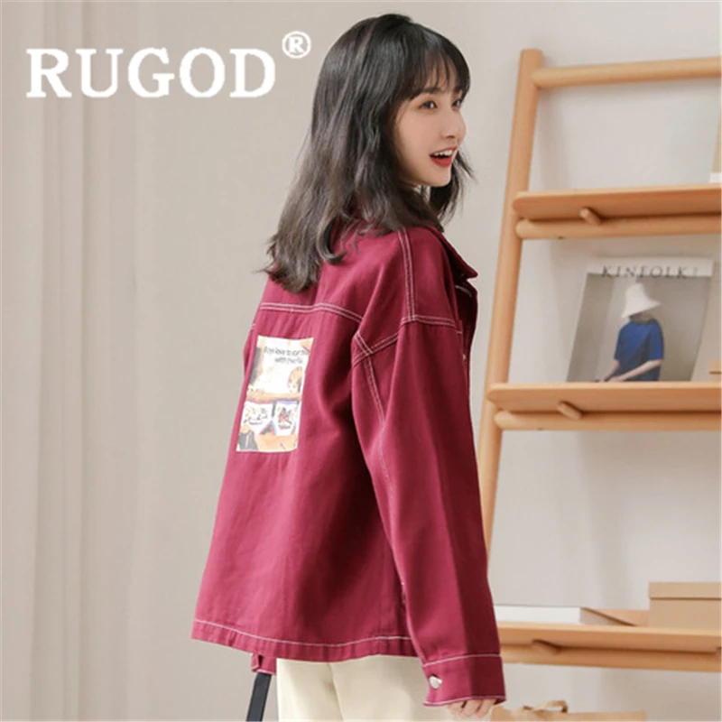 lower price  RUGOD Women basic denim jacket for women turn down collar back pattern slim jean coat new autumn fa