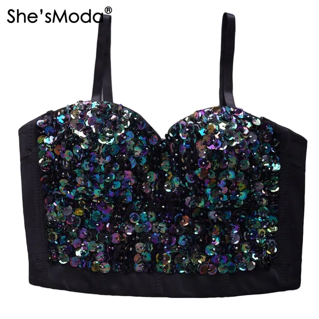 She'sModa Sequins Bralet Women's Bustier Bra Night Club Party Cropped Top  Vest Plus Size - AliExpress