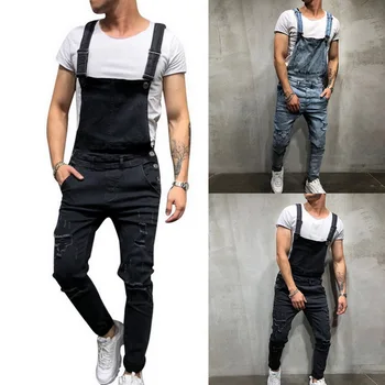 

Men hole Distressed Denim jeans hip hop ripped jumpsuits man high quality Suspender cowboy Pants streetwear black