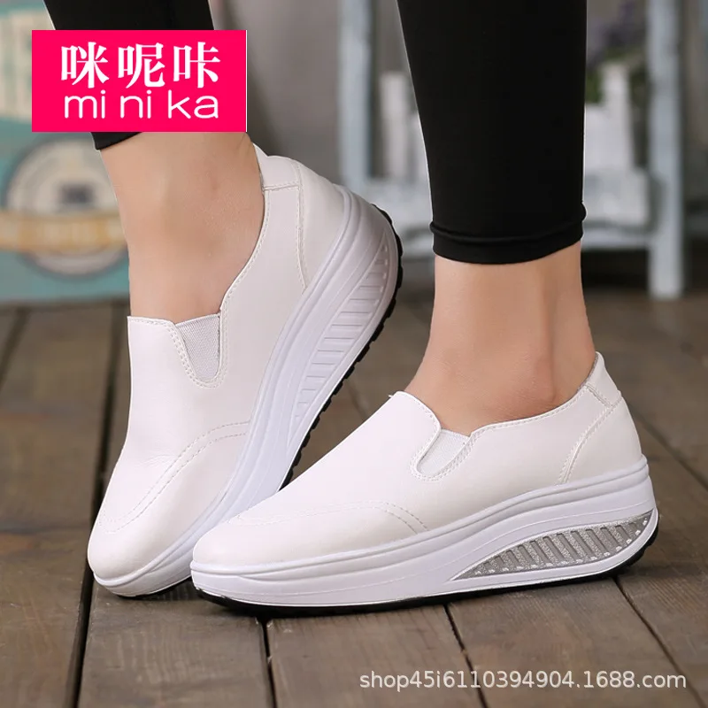 

Minika Spring And Autumn Loafers Women's-Style Leather White Shoes Women's Slanted Heel Rocking Shoes Slip-on Loafers