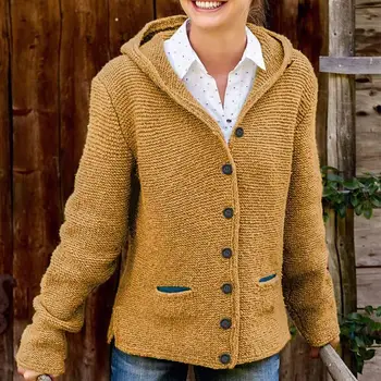 

Winter Open Stitch Long Sleeve Hooded Sweaters Women Tops Single Breasted Knitted Cardigan Outerwear