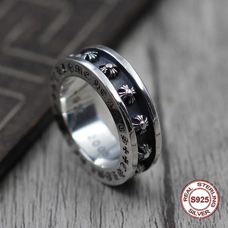 

S925 pure silver men's ring individuality Restoring ancient ways punk style Groove cross thickening popular classic ring Gift