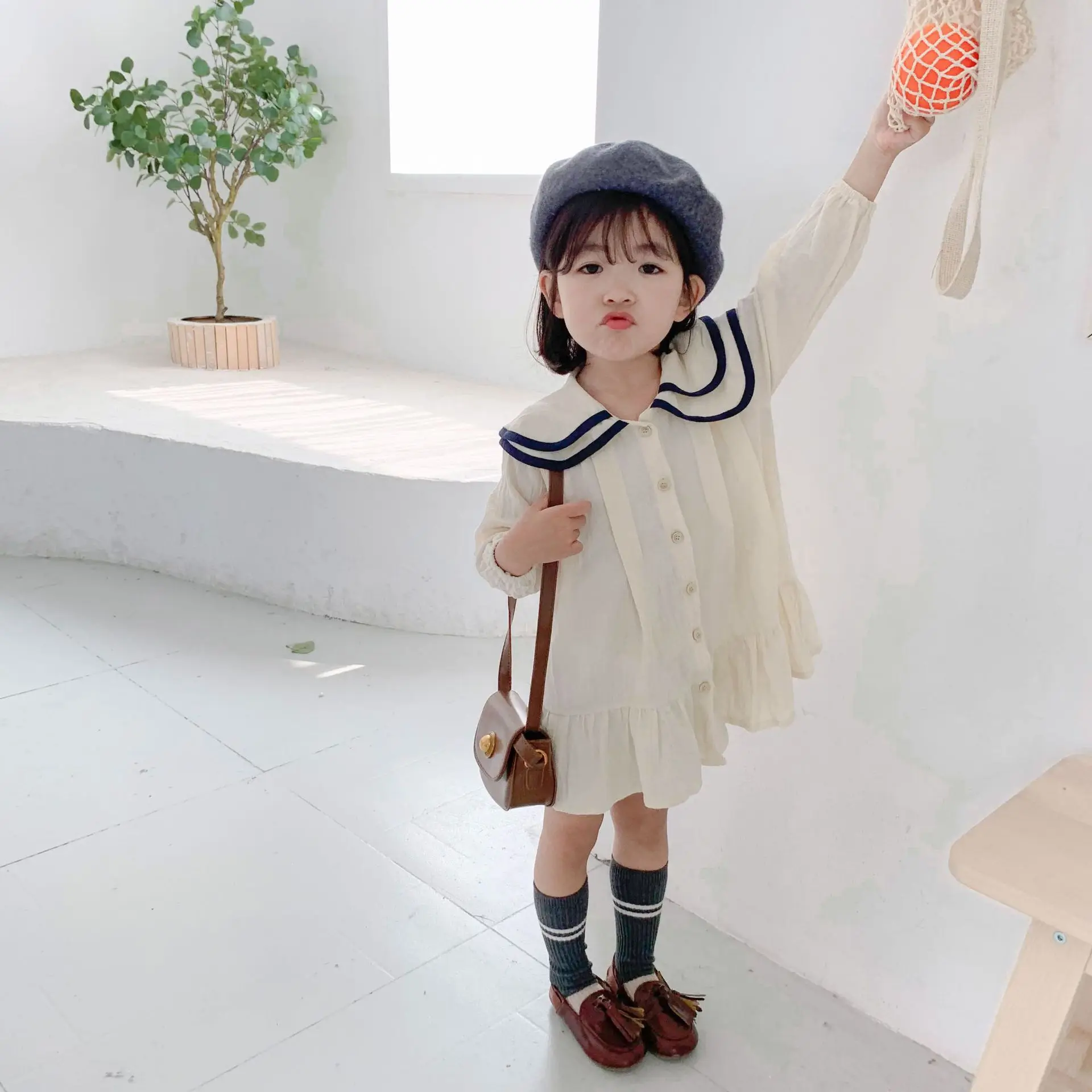 

Fall Girls Dresses For Party And Wedding Girls College Wind Lotus Leaf Edge Dress Double Layer Doll Collar Shirt dress