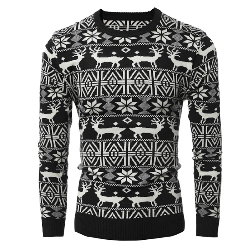 Новинка, рождественский стиль, мужской осенне-зимний пуловер, свитер с принтом оленя, длинный рукав, уплотненный, теплый, с круглым вырезом, свитера для мужчин, Pull Femme - Цвет: Black