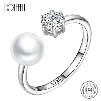 

DOTEFFIL New 925 Silver Zircon Inlay Ring Resizable Natural Freshwater Pearls Ring Classic Jewelry Women Party Christmas Gift