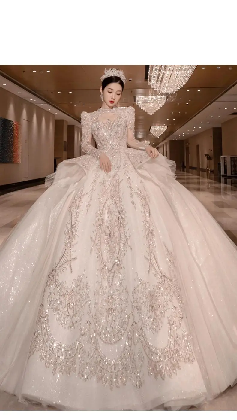 bridal gowns Vintage Luxury Long Train Wedding Dress 2022 New Bridal Dresses Ball Gown Long Sleeve Winter Beading Wedding Gowns sexy wedding dresses