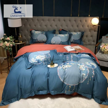 

Liv-Esthete Hihg Quality Bedding Set Exquisite Duvet Cover Fitted Sheet Elastic Band Bed Linen Set 50S 100% Cotton Bedspread