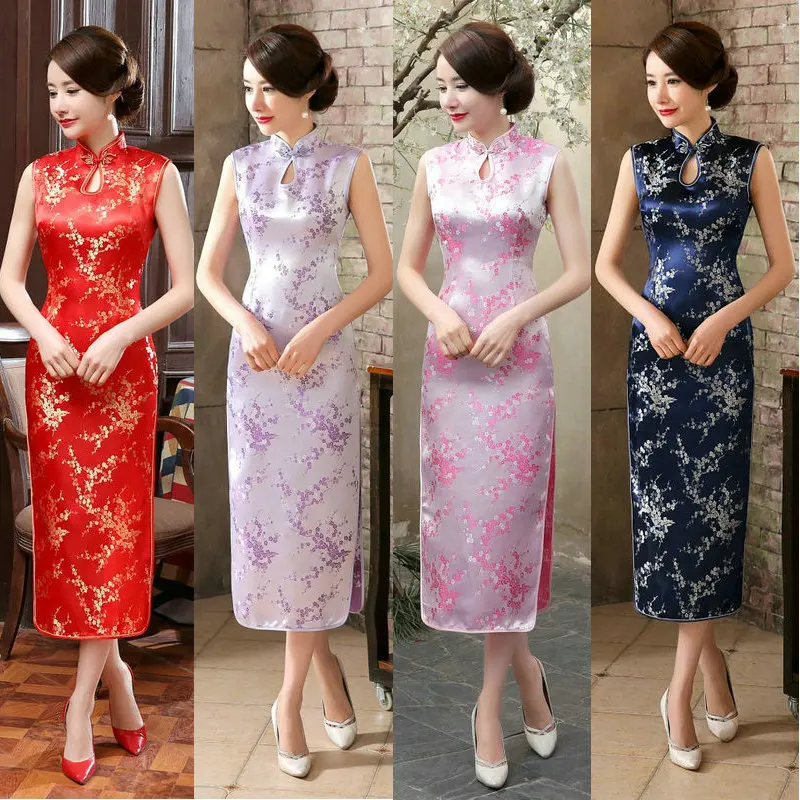 

Chinese traditional catwalk cheongsam women long brocade satin qipao XL middle-aged elderly slim fashion daily cheongsam skirt