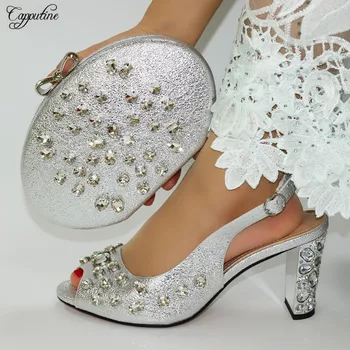 

Fashionable lady high heel sandal shoes matching with handbag set for party VC107 in silver, heel height 9cm