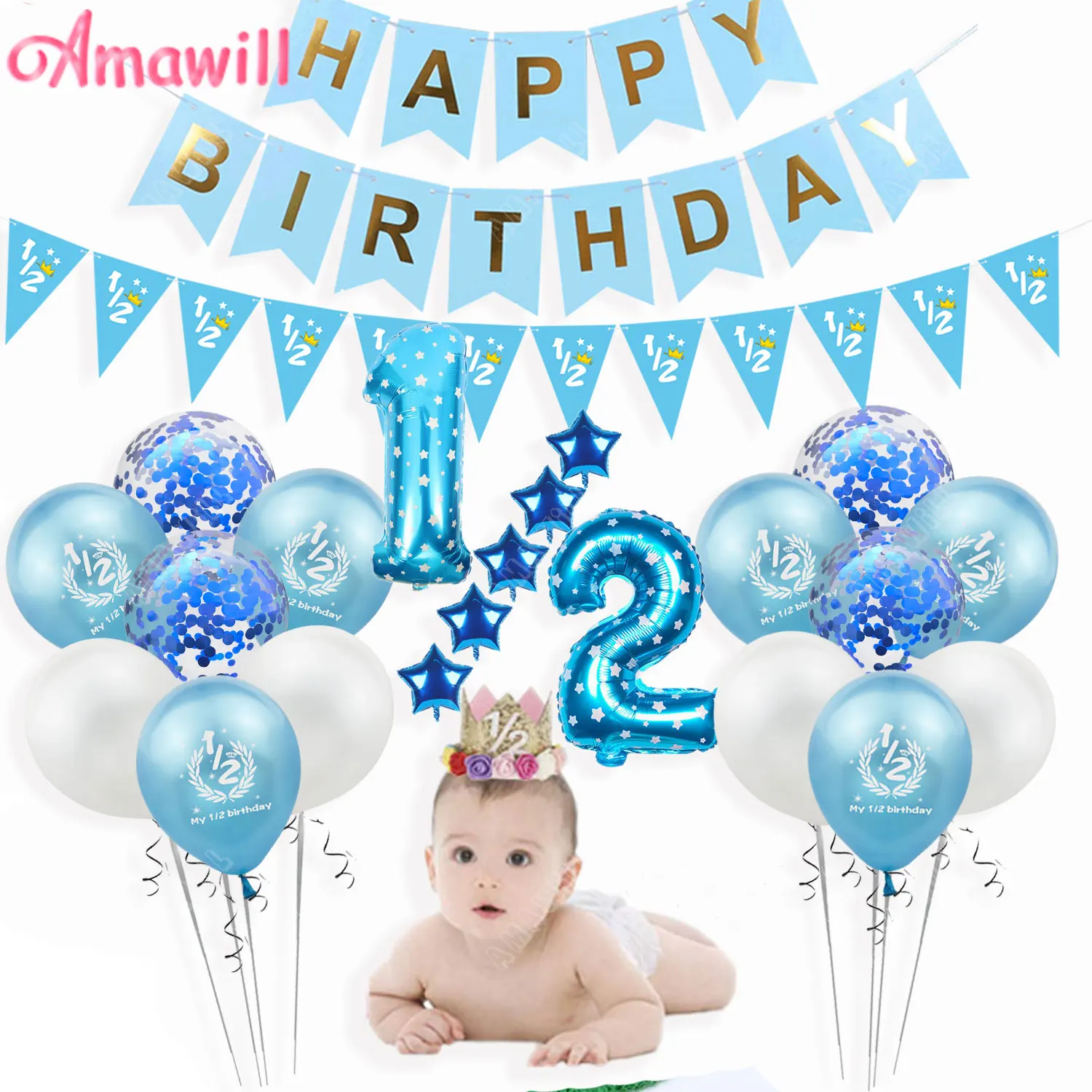 Amawill My 1 2 Birthday Balloons Banner Hat Baby Shower Boy Girl Half Birthday Party Decorations Kids Six Months Party Supplies Ballons Accessories Aliexpress