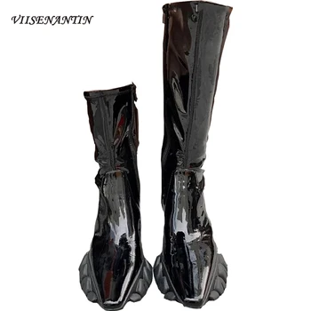 

Novelty Female Side Zipper Patent Leather Pointed Toe Stiletto All-match Strange Heel High Heel Women Black Platform Short Boots