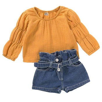 

2020 New Baby Girls T-Shirt Solid Puff Sleeve T Shirt Tops+shorts Clothes Outfits Cotton Long Sleeve Children's Clothing set