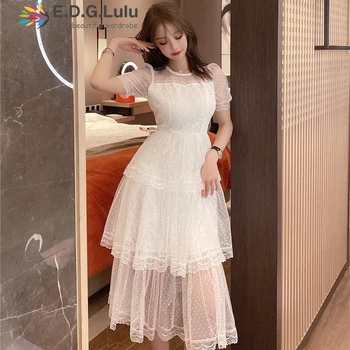 

EDGLuLu Spring Summer 2020 Woman O Neck See Through Tulle White Polka Dot Elegant Long Cascading Ruffles Dress Vestidos 0505