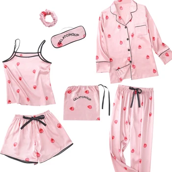 

Women pajamas silk pajamas for women 7 Pieces sleepwear Winter Sexy pijamas women Soft Sweet Cute Nightwear pajama set 7 Pieces