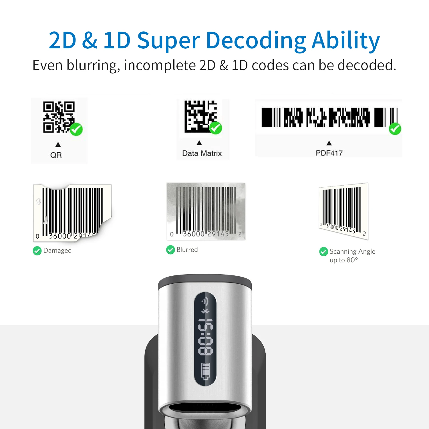 1D 2D Handheld USB 2.4G Wireless Bluetooth Barcode Scanner with Charge Base and LCD Screen Display