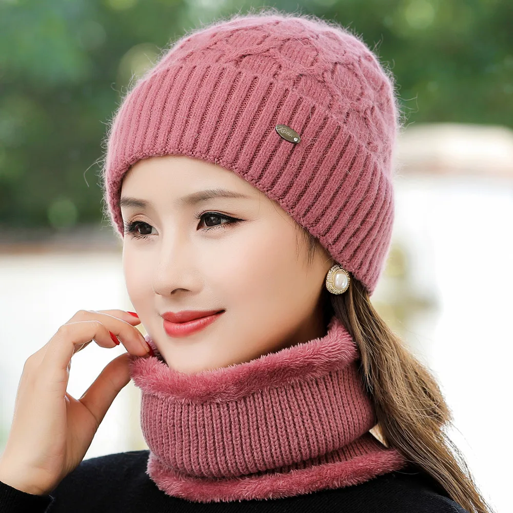 New Women Winter Hat Outdoor Keep Warm Cap And Scarf Set Add Fur Lined