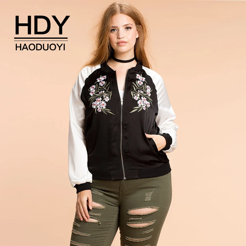 

HDY Haoduoyi New Fashion Plus Size Women Clothing Casual Preppy Style Embroidery Print Outwear Basic Jacket Zipper Jacket Coat