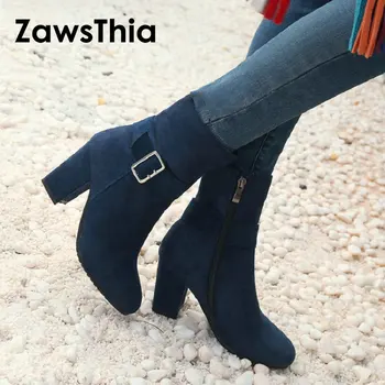 

ZawsThia flock round toe woman block high heels red navy womens ankle boots with buckle fashion stilettos booties big size 46 47