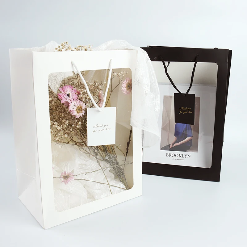 

Free shipping customized Flower Paper Bag With Handle Shopping Gift Paper Bags With Clear Window For Boutique Festival Flower