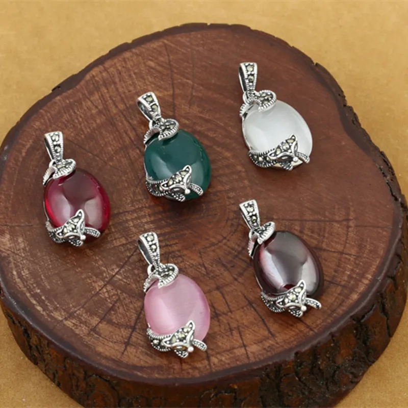 925 Sterling Silver Jewelry Retro Thai silver Women Five Style Models Exquisite Fox Inlaid Marcasite Opal Small Pendant