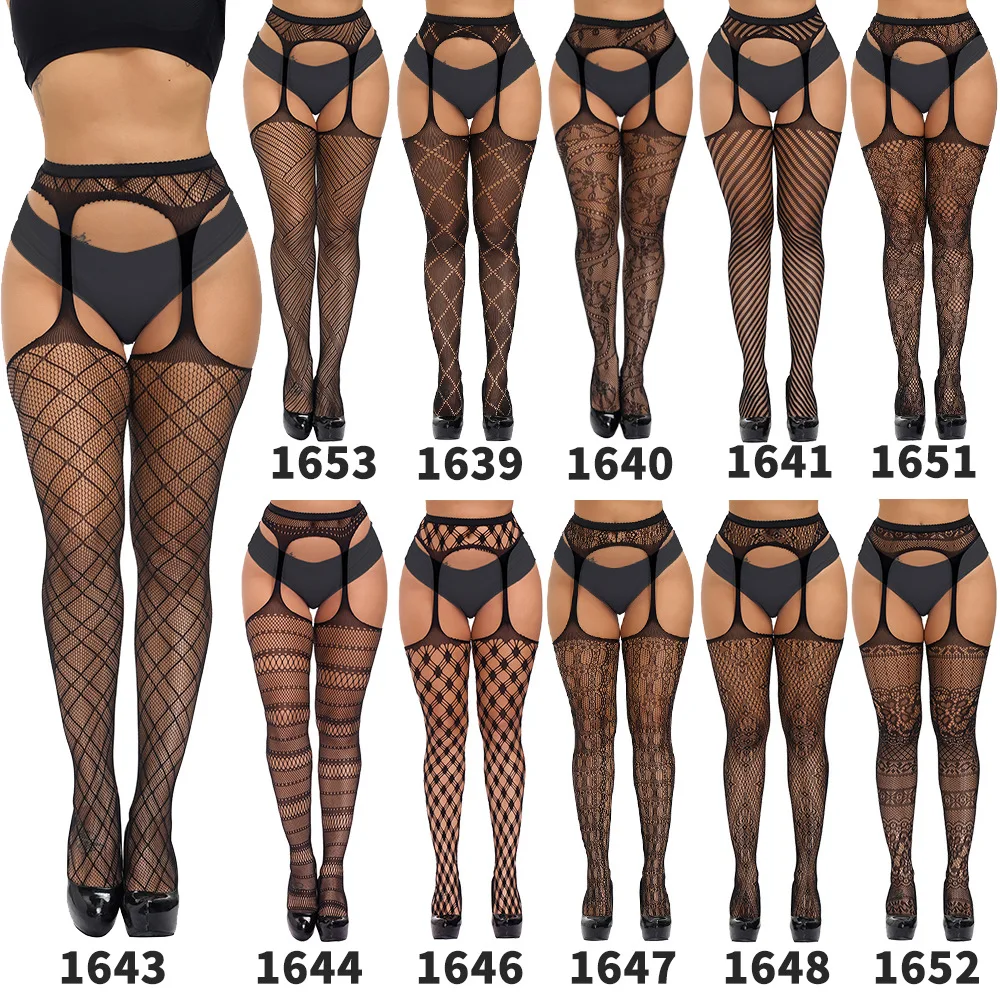 

2021 Women tights with cutout Stockings With belt Set High Fishnet Tights Erotic Lingerie 13 Models Sexy Pantyhose Mesh Stocking