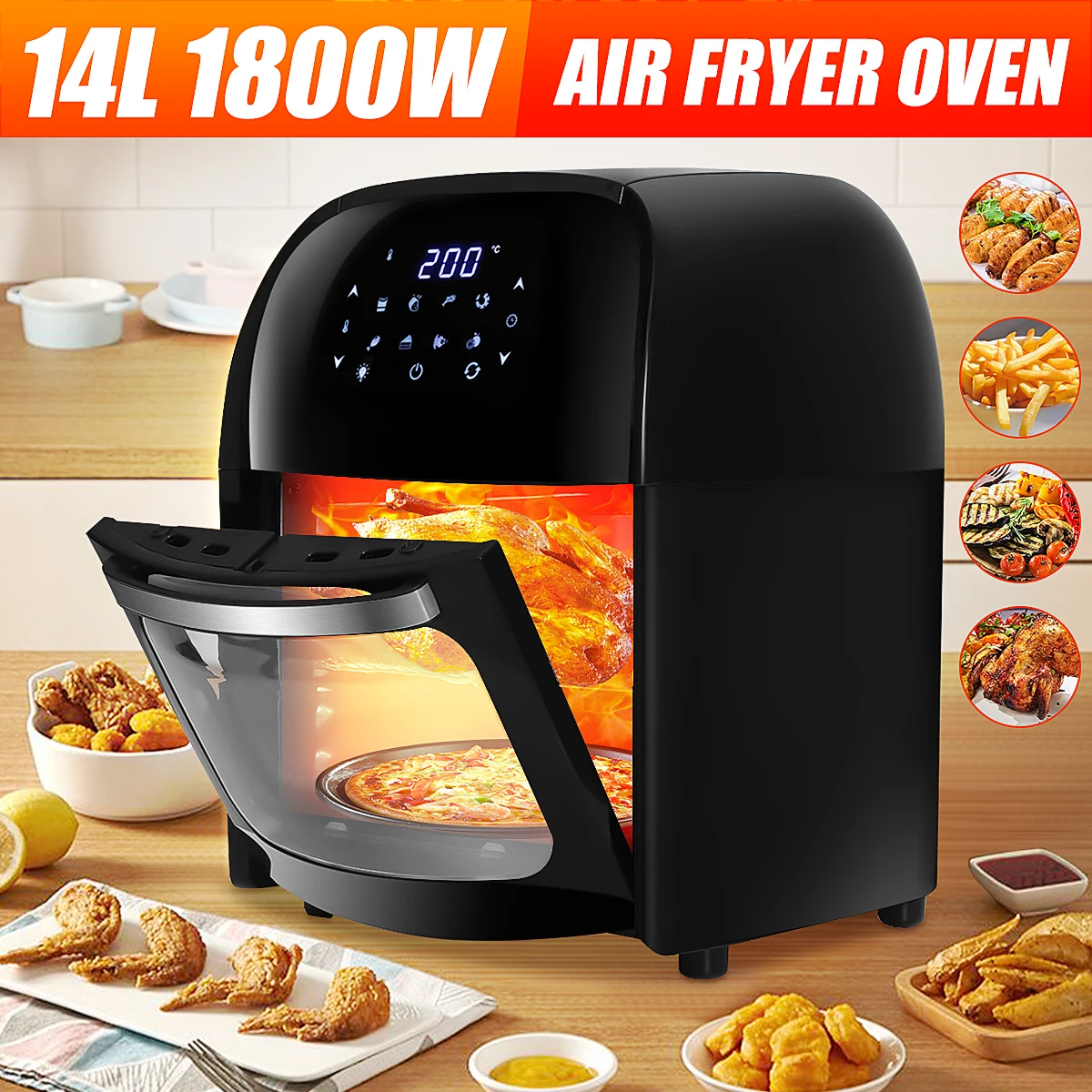 Air-Fryer Toaster Oven Touch-Screen Oil-Free Electric Digital 14L with LED 1800W Dehydrator