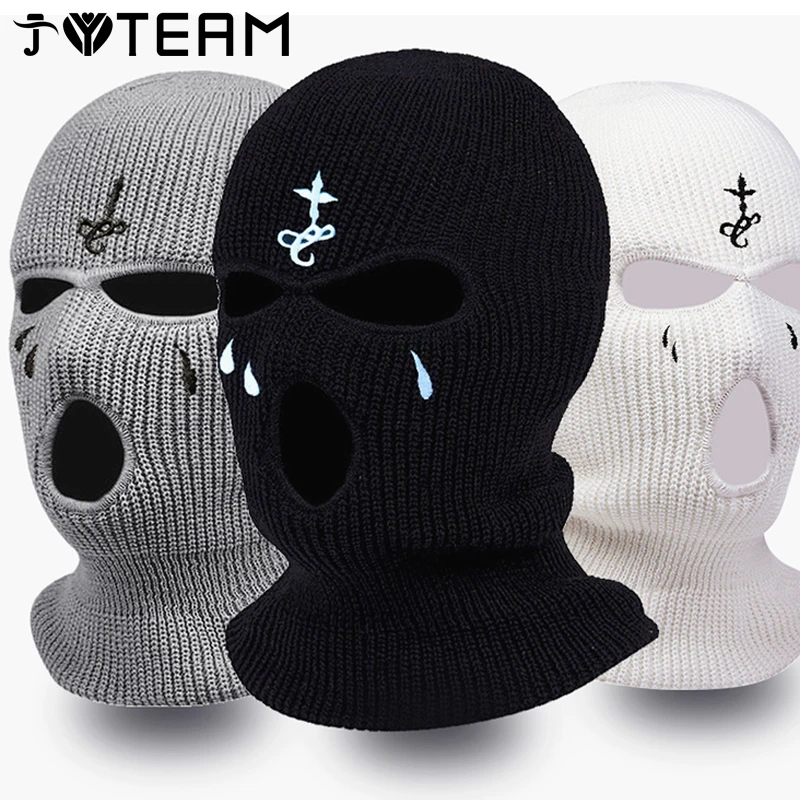 fleece lined beanie Winter Balaclava Hat 3-Hole Knitted Full Face Cover Ski Neck Gaiter Warm Knit Beanie for Outdoor Sports Cross Embroidery Ski Mas men's skullies and beanies