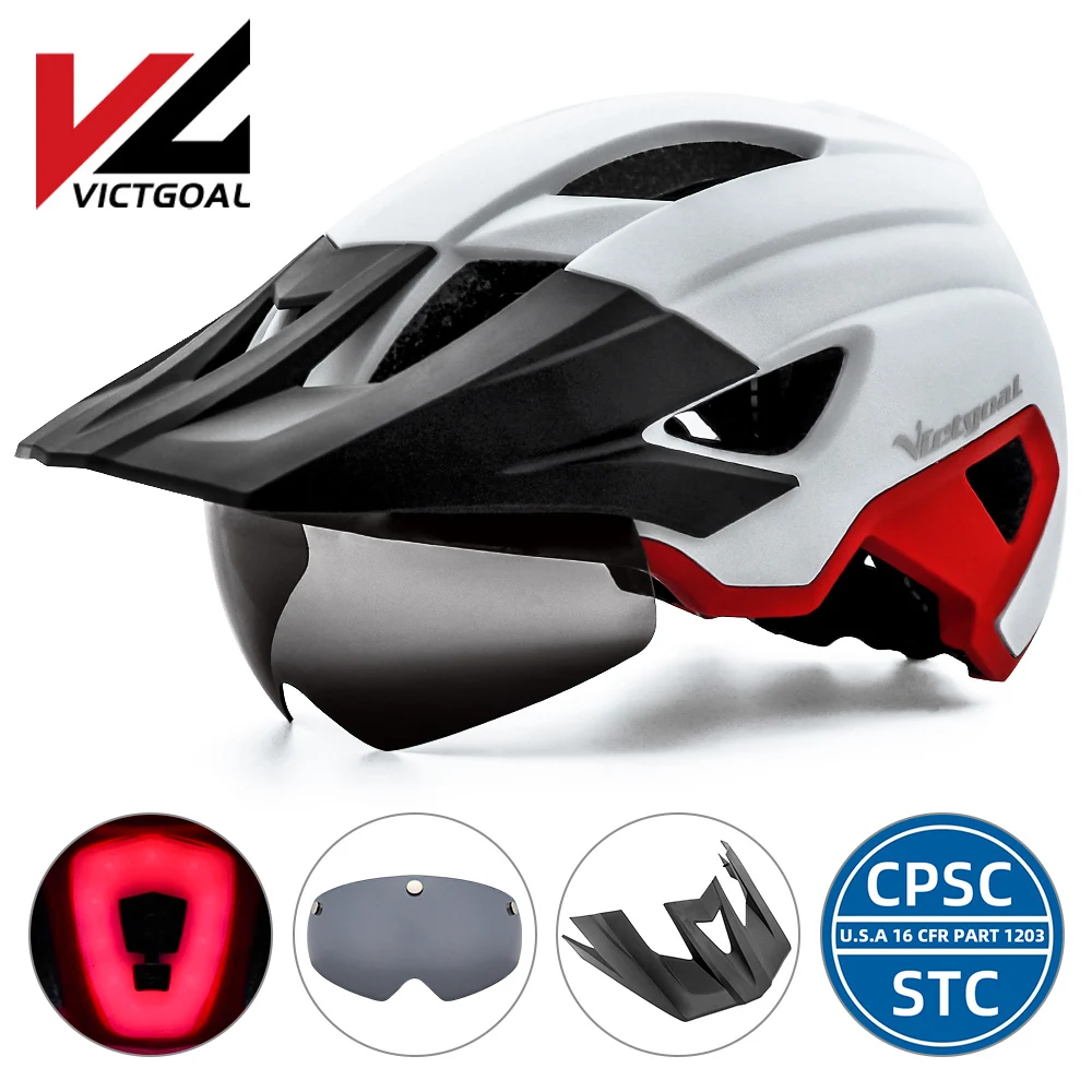VICTGOAL Men Goggle Bike Helmet with USB LED Rechargeable Taillight Sun Visor Bicycle Helmet