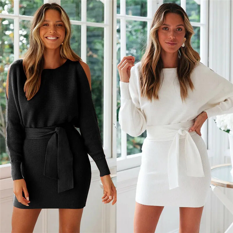 

New Women Fall Long Sleeve Crew Neck Stretch Dress Off Shoulder Bodycon Knitted Mini Dress with Waistband Lace-up Dress Sundress