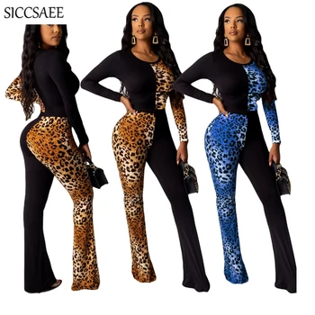 

Leopard Print Patchwork Jumpsuits And Rompers For Women Wide Leg Bell Bottom Pants Overalls Sexy Macacao Feminino Body Feminino