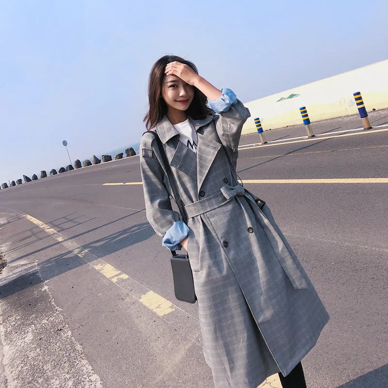 

Spring Autumn 2019 Plaid Style Trench Coat Women Loose Double-Breasted Belted Long Ladies Coats sweet style Trenchcoat D39
