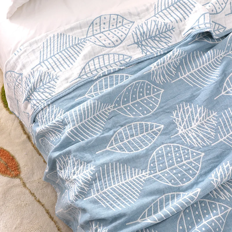 

100% Cotton Muslin Blanket Bed Sofa Travel Breathable Blue Leaves Large Soft Throw Blanket Sleeping Blankets Cloth 200x230cm