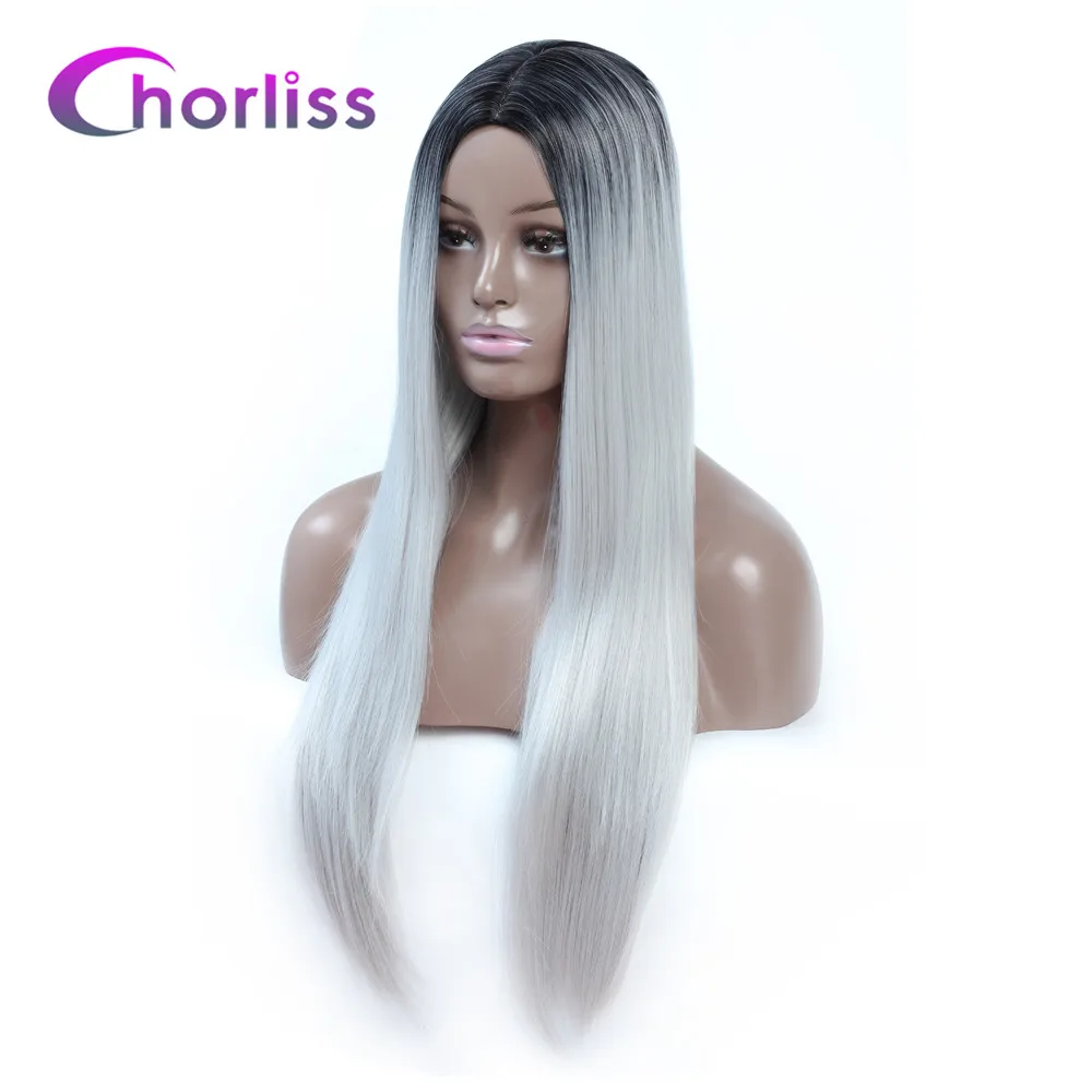 Синтетический парик длинные прямые средней части женские парики Chorliss темные женские натуральные черные волосы розовые синие светлые красные парики для косплея - Цвет: Ombre Light Gray