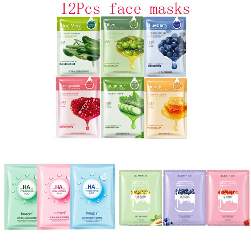 

12Pcs Mixed Plant fruit strawberry Hyaluronic Acid Face Mask Moisturizing Shrink Pores Anti-Aging Facial Mask Korean Skin Care