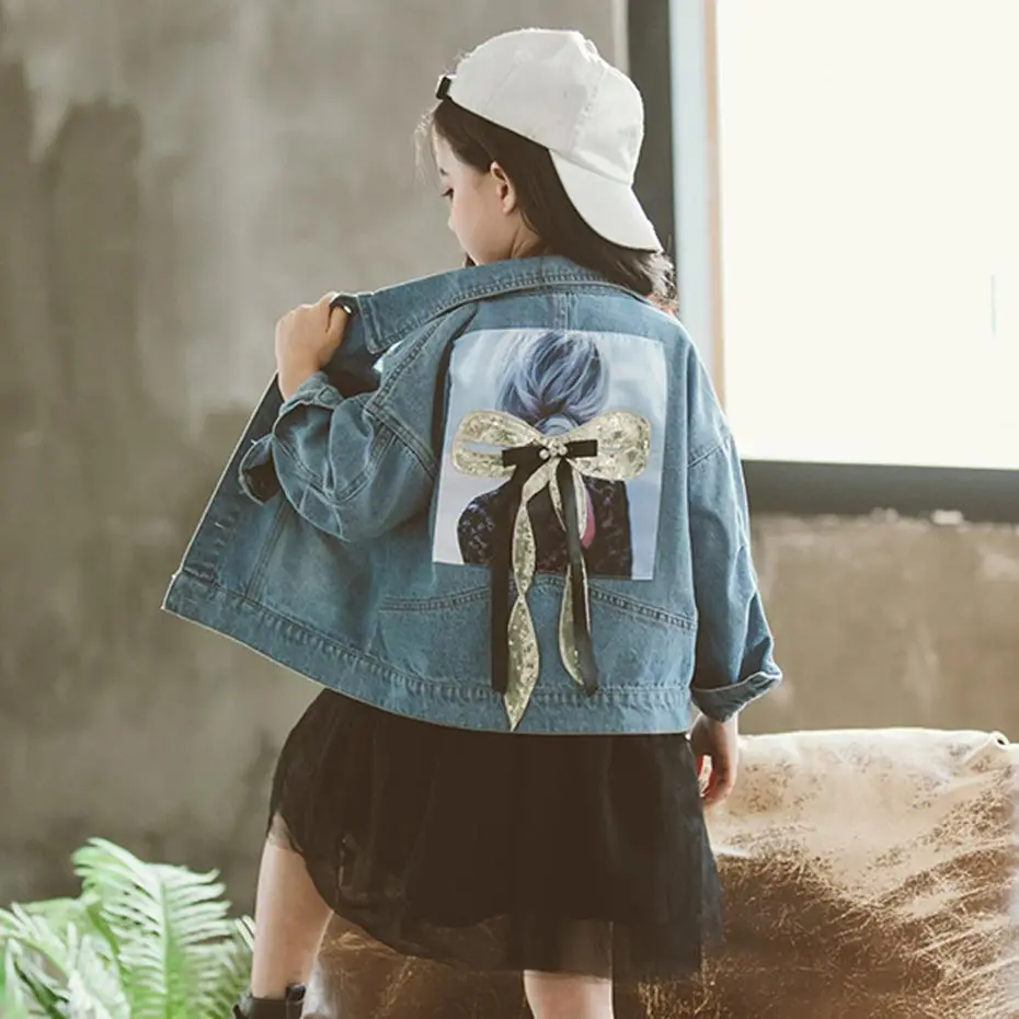 

Jacket For Girls Patchwork Denim Jacket Girls Cartoon Bow Jacket Kids Autumn Winter Korean Style Children's Costumes For Girls