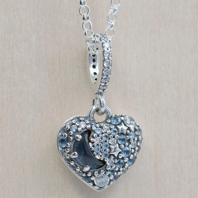 Original Sparkling Blue Moon & Stars Heart With Crystal Necklace