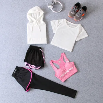 

5 Pcs Yoga Set Women Workout SportWear Gym Clothing Short Sleeve Crop Top Fitness Running Shorts Woman Sports Sets Sports Suit