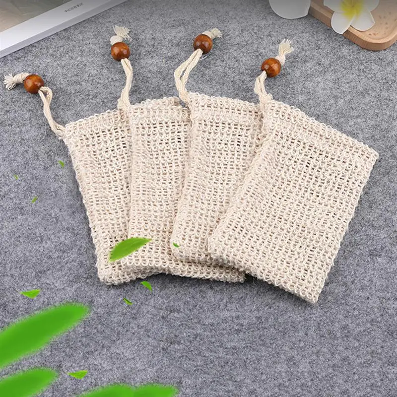 6pcs Exfoliating Soap Pouch Scrubbing Foam Net with Wooden Bead Handmade Soap Storage Bags for Bath Shower