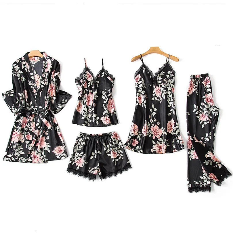 Autumn Sexy Ice Silk 5 Pcs Women Pajama Set Stain Printing Flower With Chest Pad Cardigan Trousers Set Pajamas