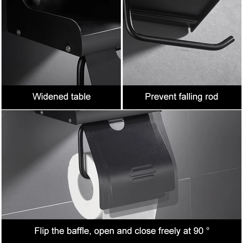 Bathroom Toilet Paper Holder Toilet Roll Paper Rack with Phone Shelf Wall Mounted Aluminum Black/Sliver EL7566
