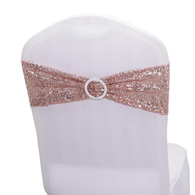 Quality Shiny Sequin Rose Gold Stretch Bands With Round Buckle For Wedding Events Party Decoration Spandex Chair Sashes