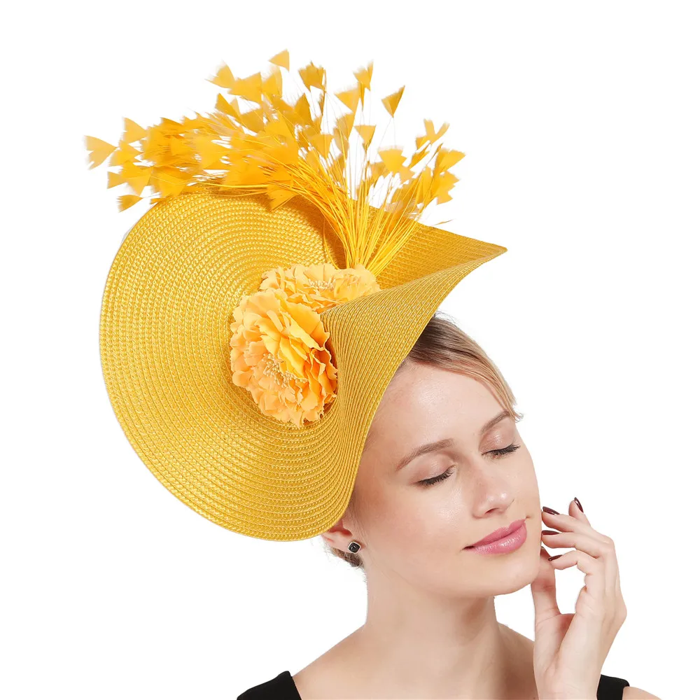 Желтый трубочка для коктейля шляпа диск чародей millinery sinamay перо Винтаж чай вечерние шляпа искусственный цветок украшение головной убор