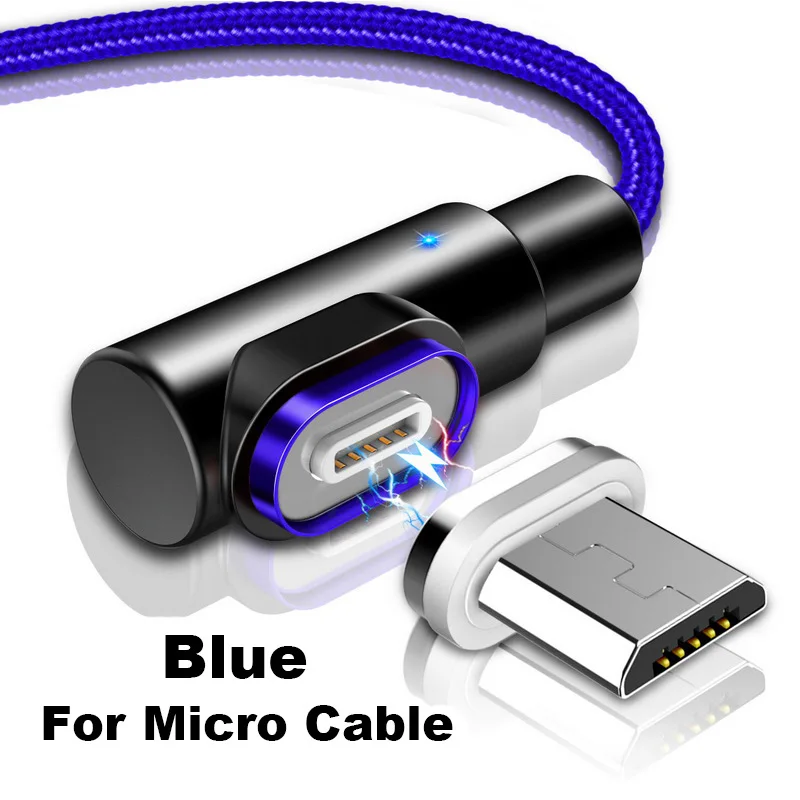 Магнитный usb-кабель для зарядки, 90 градусов, 3 А, быстрая зарядка, Micro usb type C, зарядное устройство для телефона, адаптер, освещение для iPhone, Xiaomi, USBC, провод - Цвет: For Micro Blue