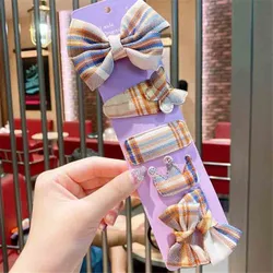 6Pcs/Set Fabric Grid Hair Accessories Korean Version Bow Hairpin For Girls New Autumn And Winter Rubber Band